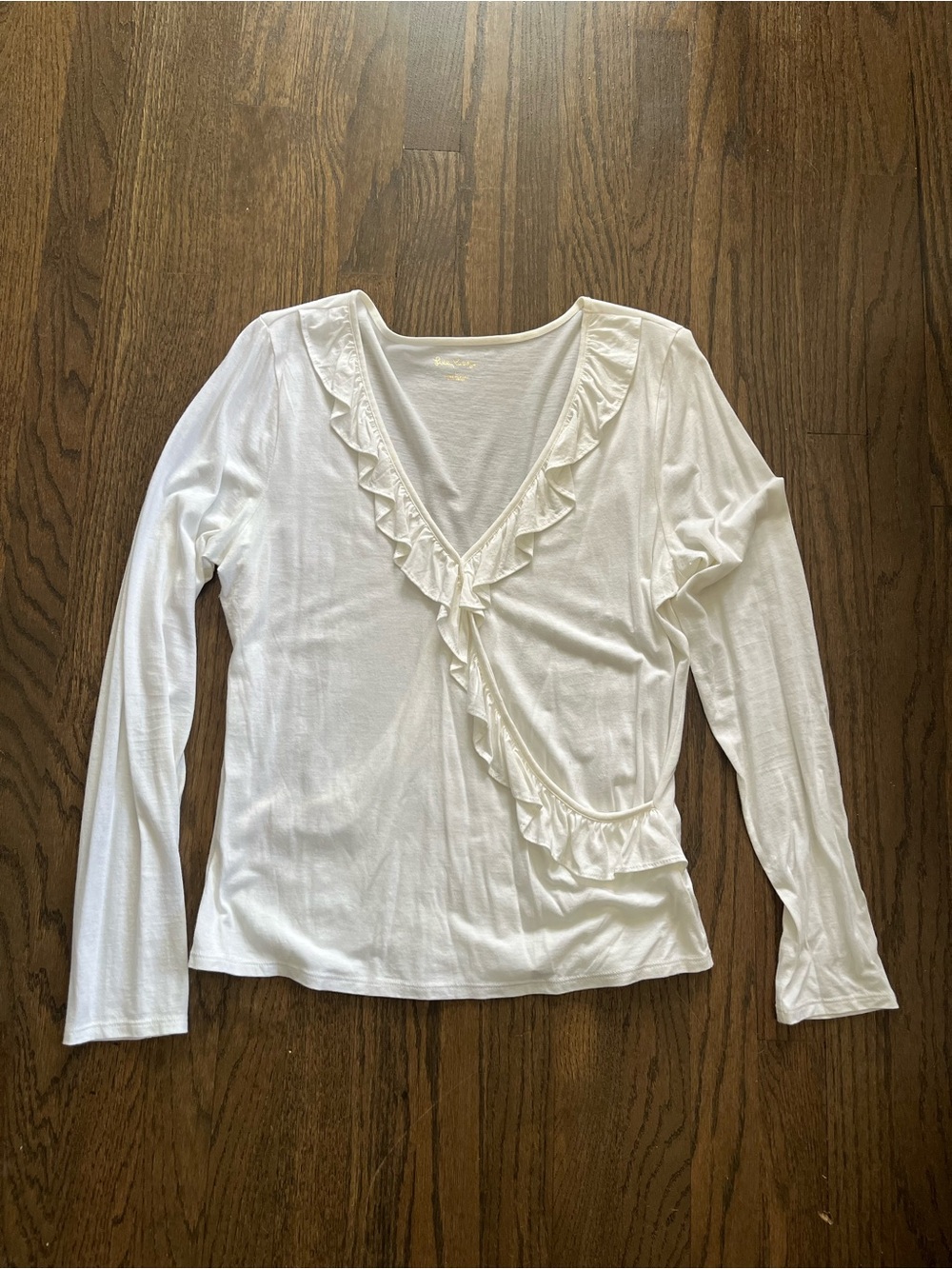 🚨SOLD🚨Lilly Pulitzer White Ruffled Faux Wrap Long Sleeve Top